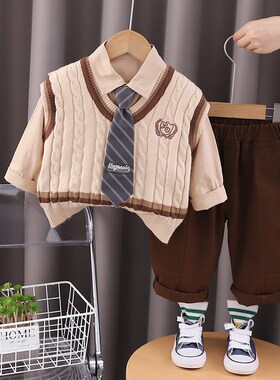 儿童秋装套装2024新款男宝宝学院风春秋马甲三件套婴儿洋气衣服潮
