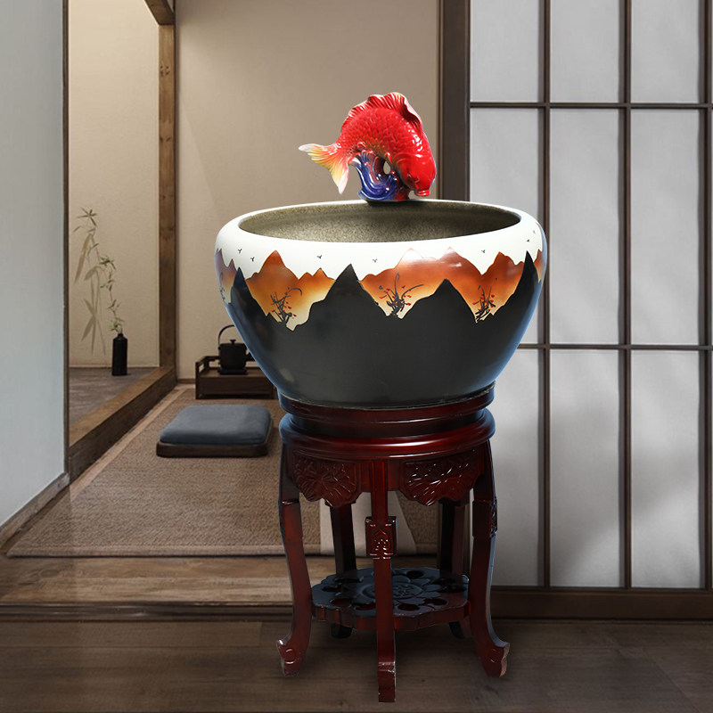 新款陶瓷鱼缸循环喷水加湿金鱼缸办公室落地景德镇简约风客厅造景