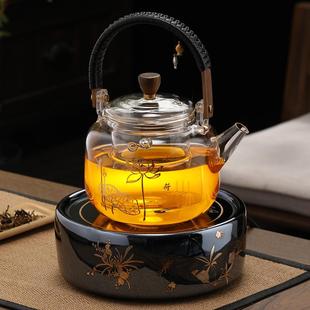 加厚耐热蒸煮茶家用烧水普洱电陶炉煮茶器 提梁镶银玻璃煮茶壶套装