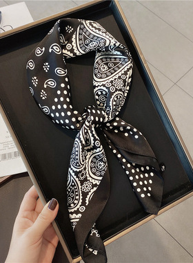 黑白波点腰果花圆点印花仿真丝装饰70cm方巾百搭装饰领巾小香风