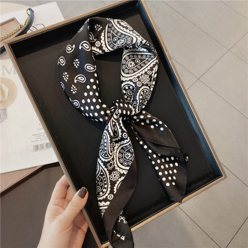 黑白波点腰果花圆点印花仿真丝装饰70cm方巾百搭装饰领巾小香风