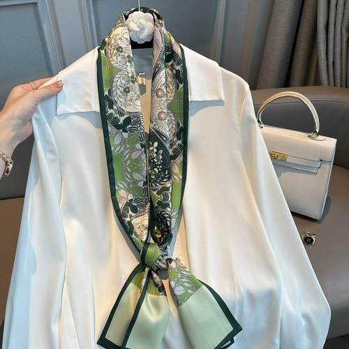 丝巾春秋薄款围脖时尚百搭绿色气质小长条围巾高档韩版夏季小领巾