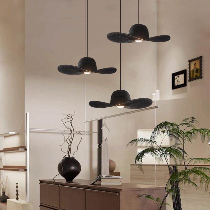 中古吊灯创意个性艺术北欧客厅法式草帽黑色服装店餐厅民宿布艺灯