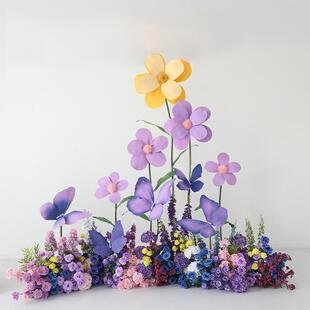 仿真花高级感逼真紫色地排花商业美陈橱窗装饰蝴蝶造景布置摆件
