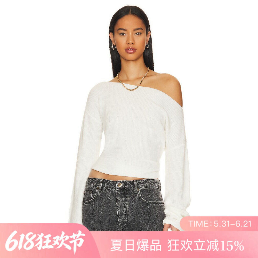 [夏季新品]REVOLVE白色褶皱收腰无袖短款修身毛衣露肩辣妹上装