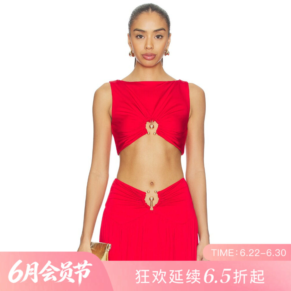 [夏季新品]REVOLVE红色褶皱收腰无袖短款修身背心镂空辣妹上装