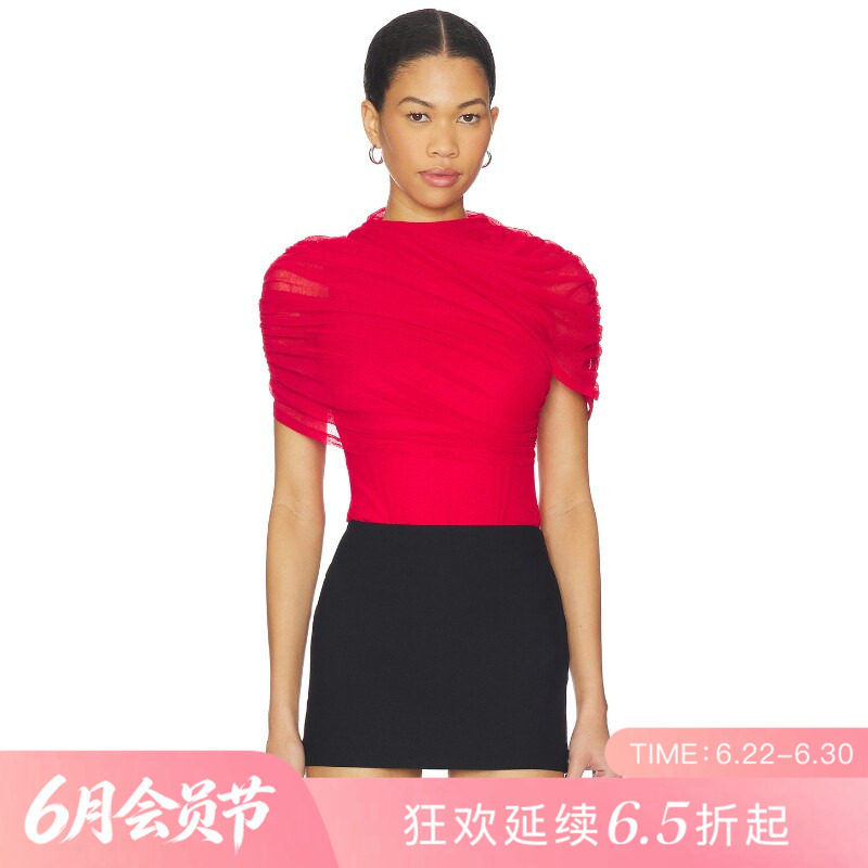 [夏季新品]REVOLVE红色荷叶边收腰无袖短款修身T恤褶皱袖优雅上装