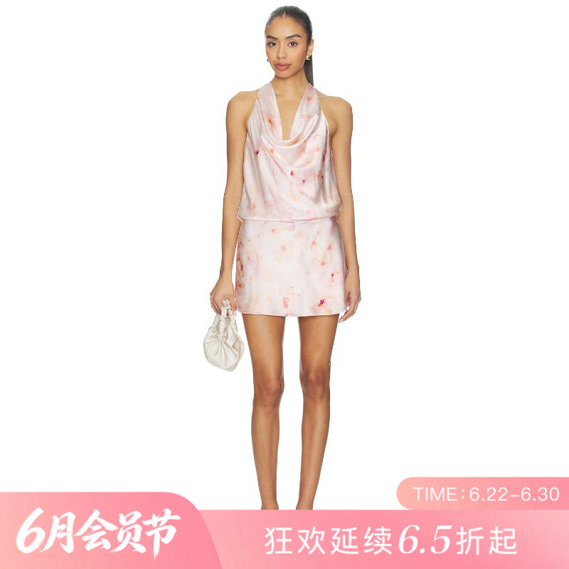 [夏季新品]REVOLVE粉色百搭显瘦短款挂脖缎面优雅吊带裙