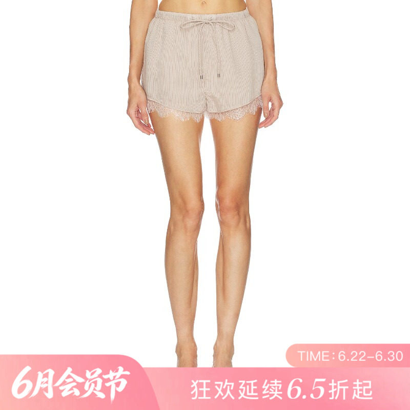 [夏季新品]REVOLVE米色收腰直筒高腰修身短裤蕾丝边休闲短裤