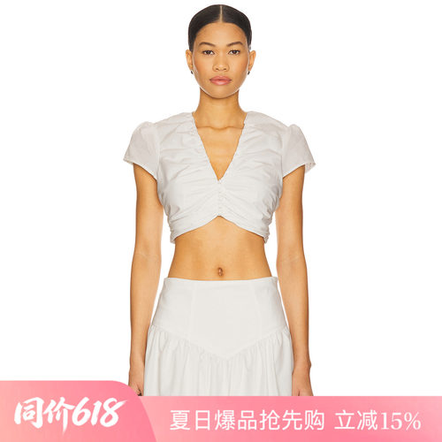 [夏季新品]REVOLVE白色T恤简约深V纽扣褶皱优雅短款短袖上装