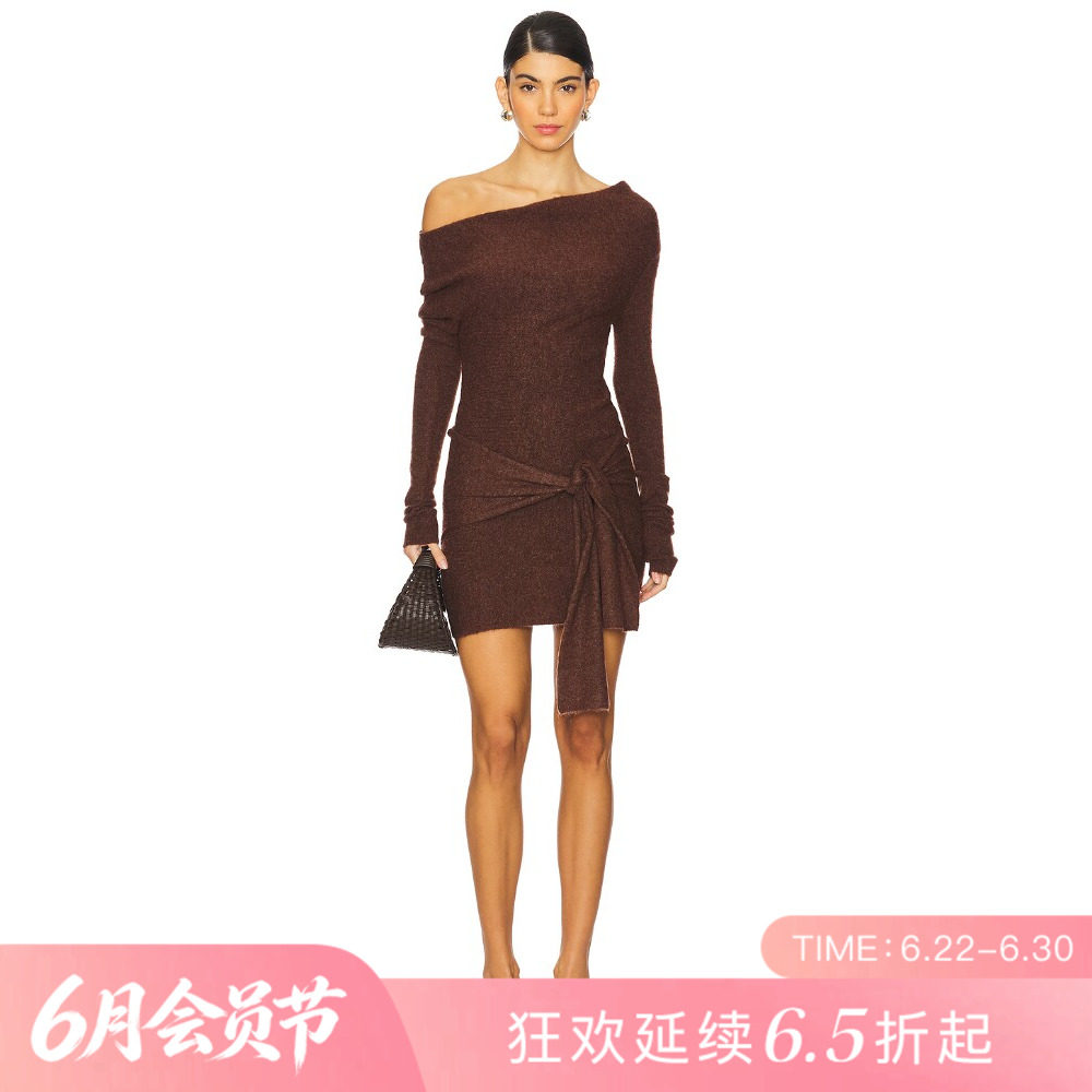 [夏季新品]REVOLVE棕色斜肩绑带优雅修身长袖迷你裙