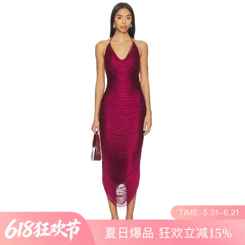 [夏季新品]REVOLVE酒红色挂脖深V流苏性感修身包臀长裙