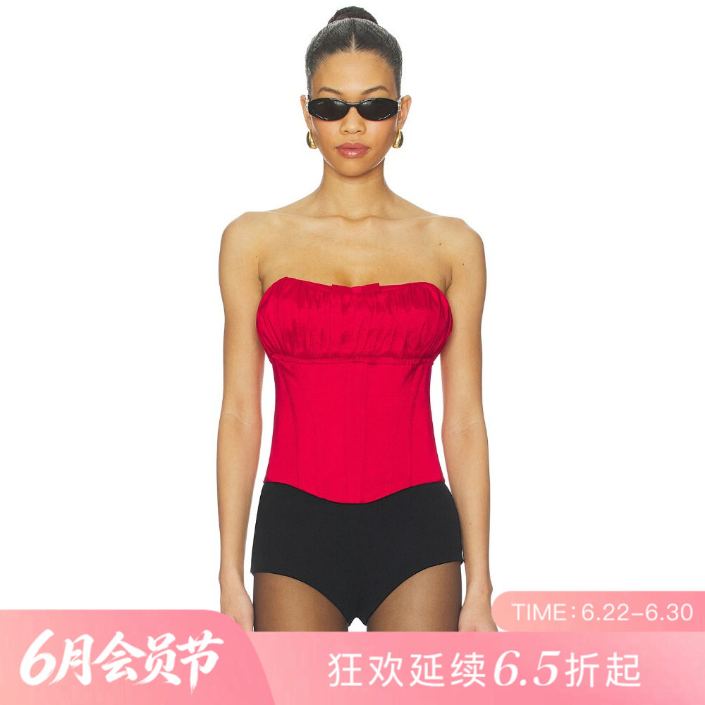 [夏季新品]REVOLVE红色褶皱收腰无袖短款修身背心抹胸辣妹上装