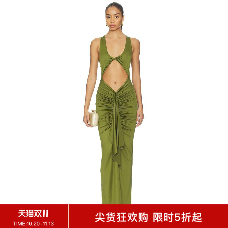 REVOLVE绿色深V镂空绑带褶皱性感修身长裙