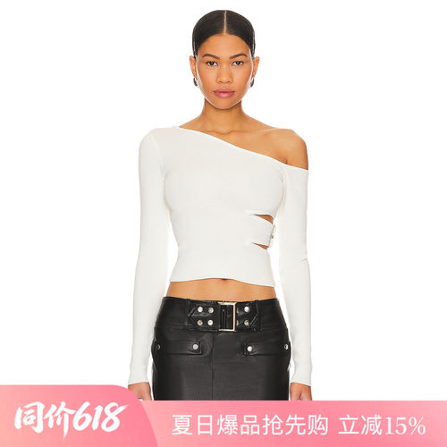 [夏季新品]REVOLVE米白色T恤简约斜肩镂空金属扣辣妹修身上装