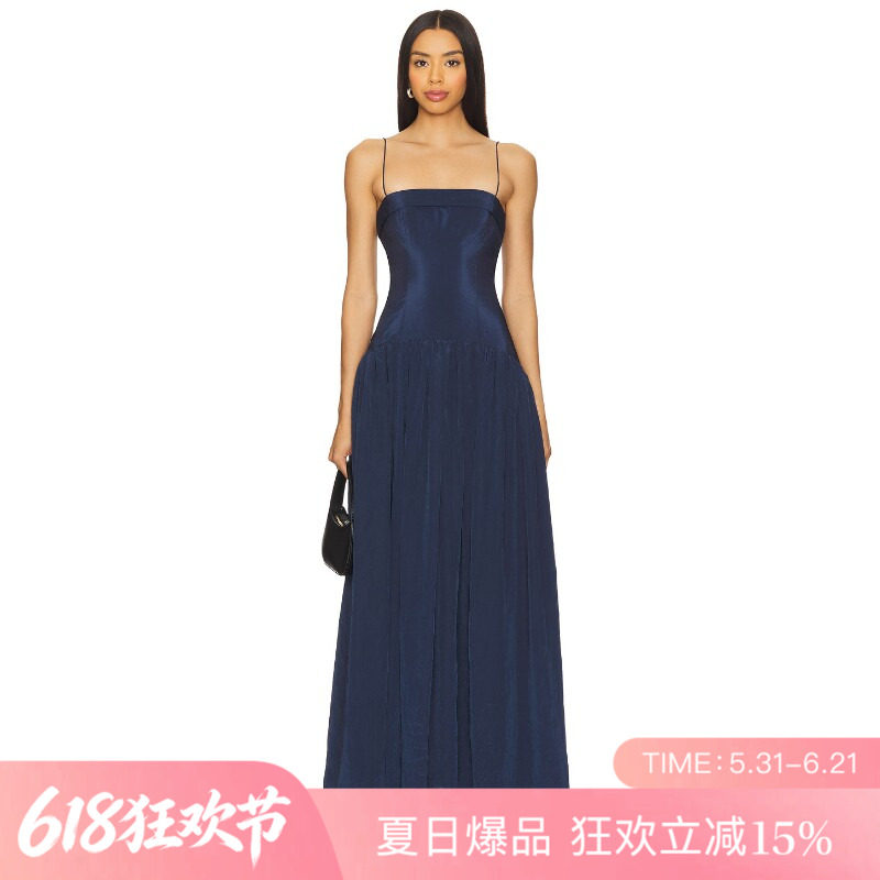 [夏季新品]REVOLVE深蓝色细肩带缎面优雅修身长裙甜美