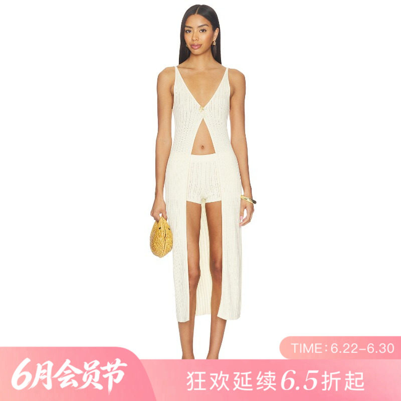 [夏季新品]REVOLVE米白褶皱无袖短款修身针织衫镂空性感上装