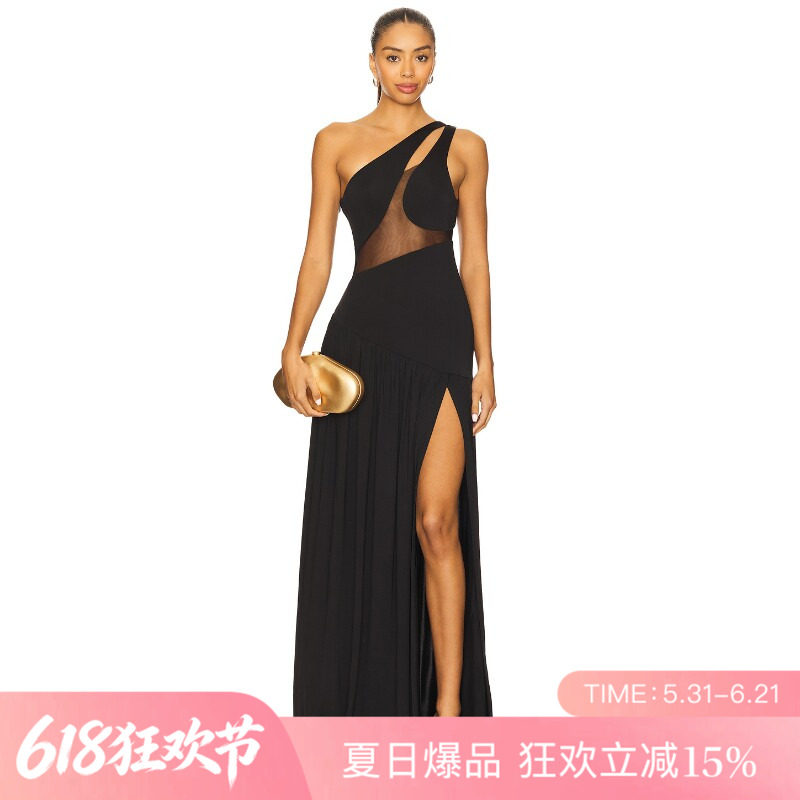 [夏季新品]REVOLVE黑色辣妹风百搭显瘦礼服短款单肩连衣裙