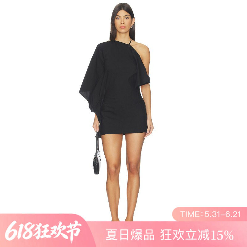 [夏季新品]REVOLVE黑色百搭显瘦极简短款单肩极简连衣裙