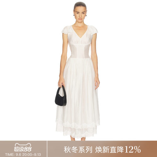 REVOLVE连衣裙白色V领束腰蕾丝大摆中长裙宫廷风氛围感送礼