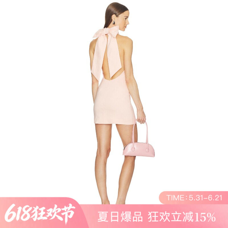 [夏季新品]REVOLVE粉色百搭显瘦短款挂脖露背优雅吊带裙