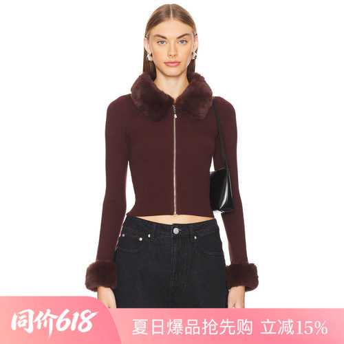 [夏季新品]REVOLVE时尚约红色针织衫修身毛领拉链优雅上装