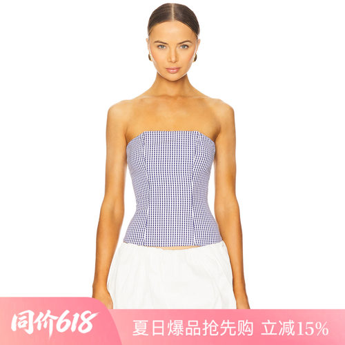 [夏季新品]REVOLVE蓝白背心时尚简约高腰格纹抹胸优雅修身上装