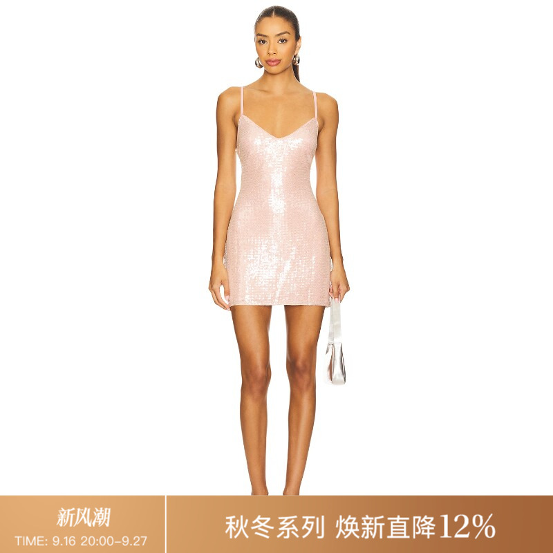 REVOLVE浅粉色连衣裙细吊带V领亮片辣妹风短裙七夕送礼图片