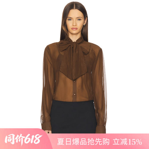 [夏季新品]REVOLVE棕色衬衫简约高腰修身蝴蝶结优雅长袖上装
