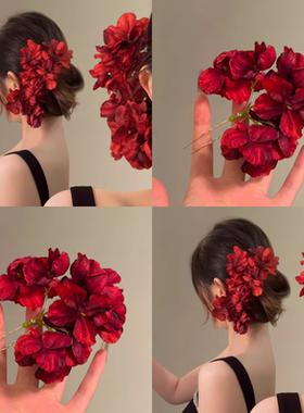手作红色花朵新中式新娘发钗女2025新款古风发簪旗袍盘发新娘头花