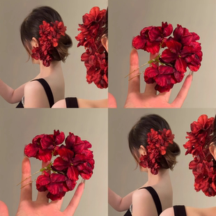 手作红色花朵新中式新娘发钗女2025新款古风发簪旗袍盘发新娘头花