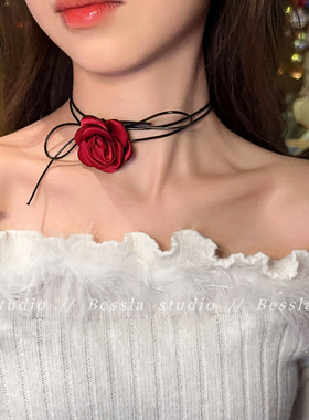 红色玫瑰花颈链choker配饰绑带