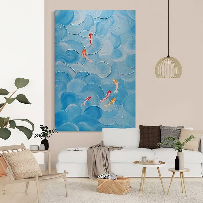 玄关抽象锦鲤手绘油画客厅竖版蓝色海浪肌理画丙烯九鱼图装饰挂画图片