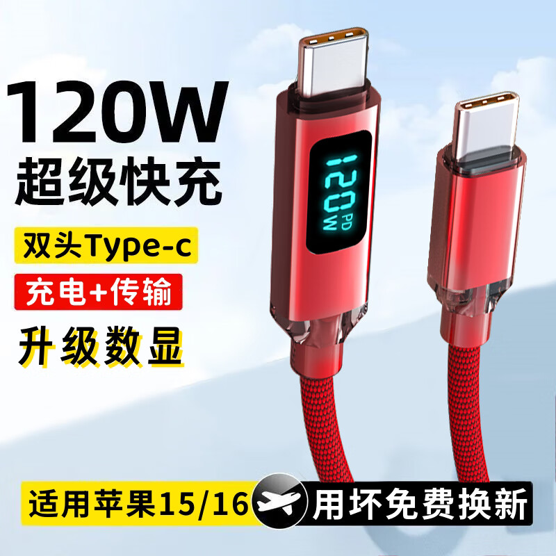 昊微数显双头Typec数据线120W