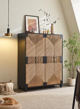 藤工匠中世纪藤实木餐具柜Wabi-Sabi风格黑色入口柜储物柜双门柜