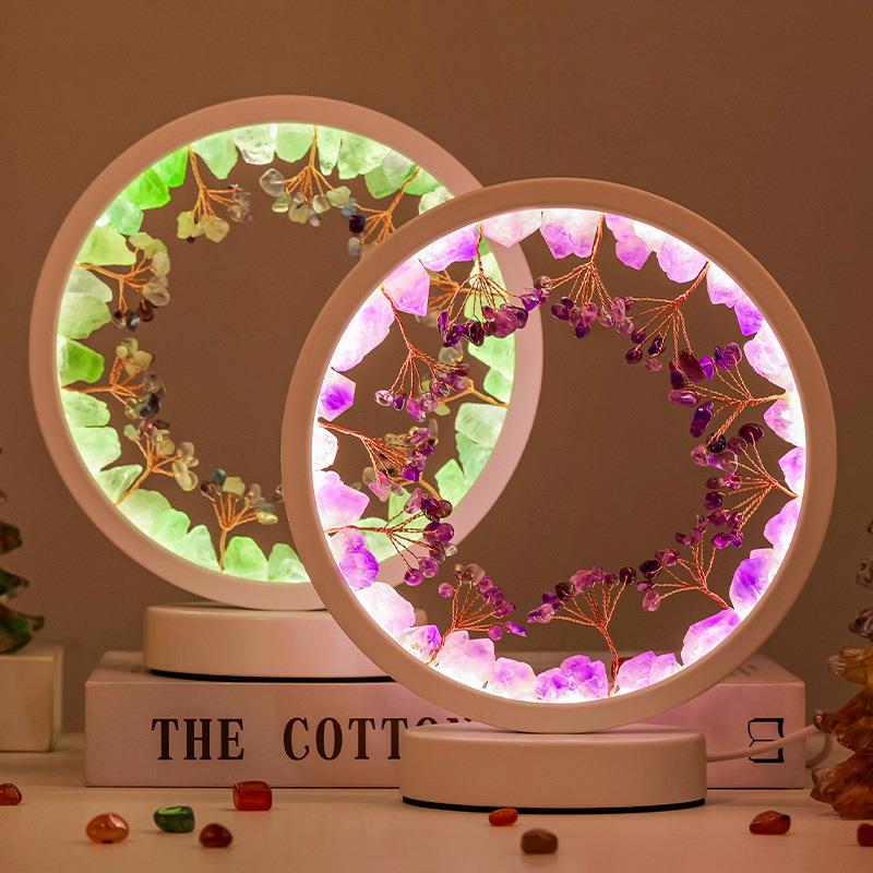 天然水晶原石花树圆形创意夜灯摆件发财树氛围灯家居装饰台灯摆件