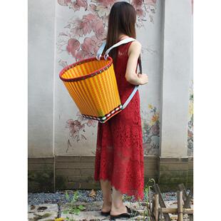 编织塑料加厚背篓买菜购物背筐藤条四川采摘大号民族风花背篮子