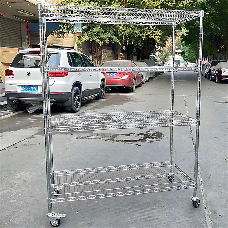 镀铬加厚线网货架不锈钢色多层仓储家用带轮可移动置物金属货架