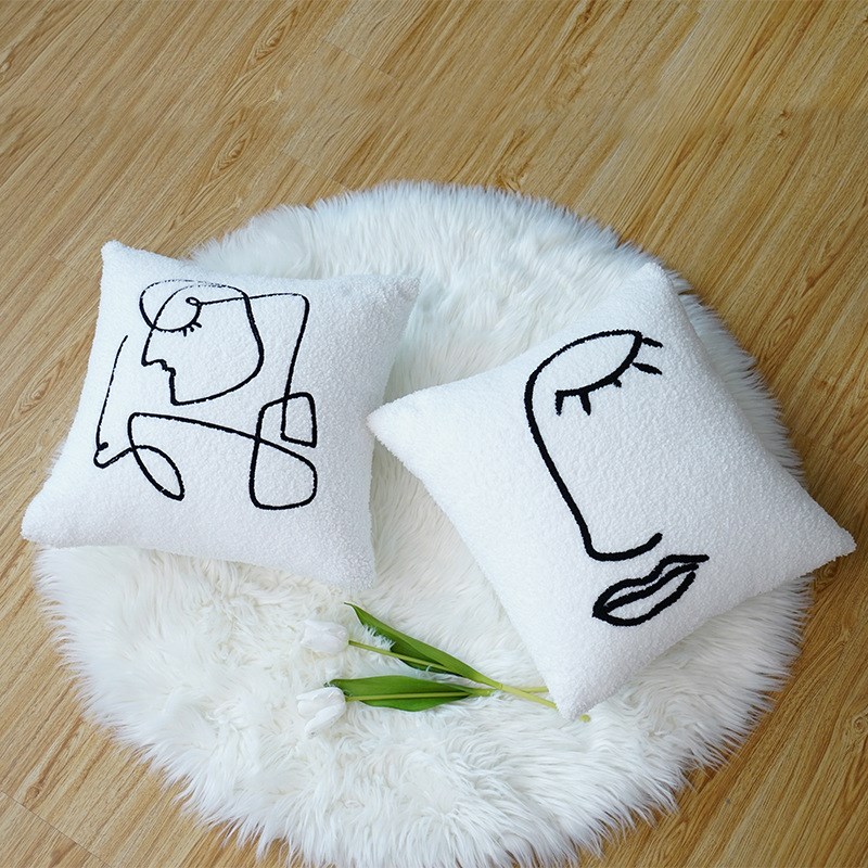 白色绣花抱枕泰迪绒抽象人物简约图案抱枕套客厅卧室靠垫汽车腰枕