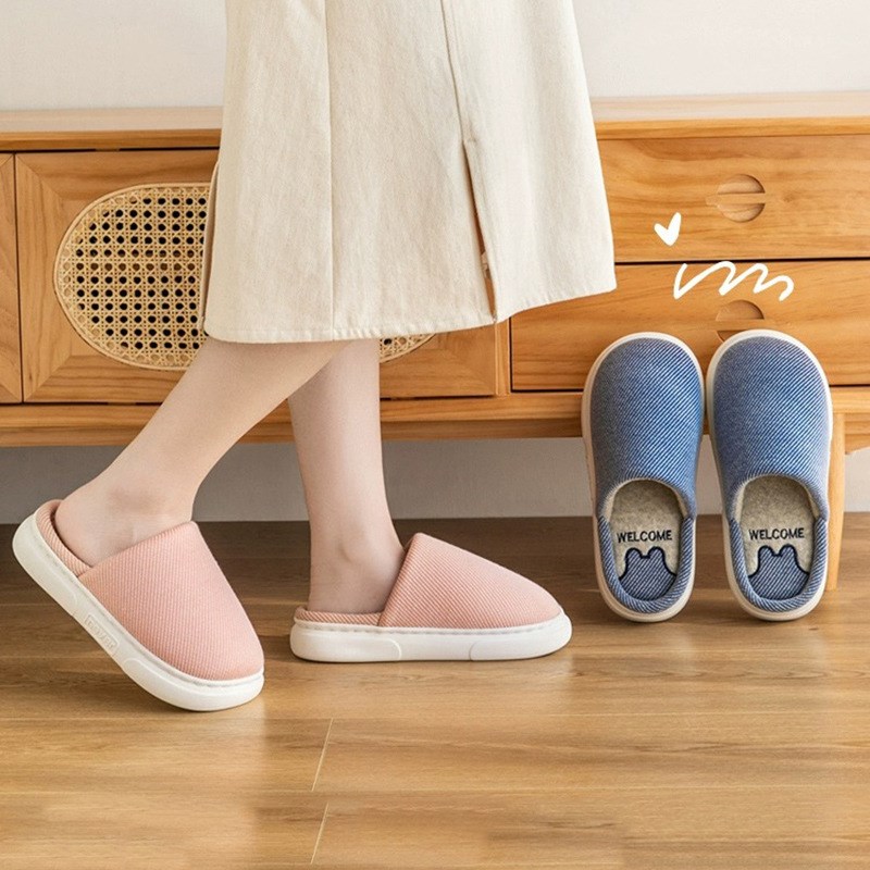 春季新款简约四季亚麻拖鞋女夏情侣厚底家居木地板静音拖鞋男