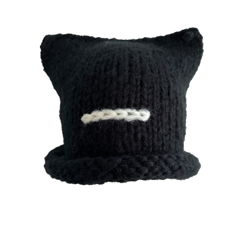 韩国手工粗线针织毛线帽女秋冬时尚保暖显脸小包头帽可爱猫耳冷帽