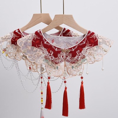 复古汉服a云肩马面裙装饰披肩假领女春秋百搭红色流苏珍珠礼服坎