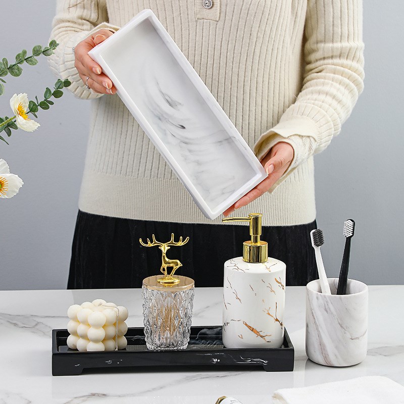 欧式酒店树脂托盘卫浴漱口杯托盘卫生间收纳盘大理石纹首饰展示盘