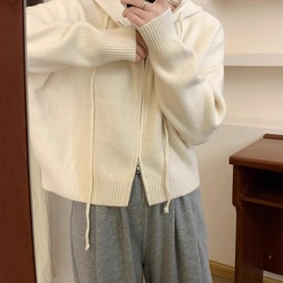 开衫 针织连帽a双拉链短款 小个子毛衣女春秋气质简约慵懒风毛衣外