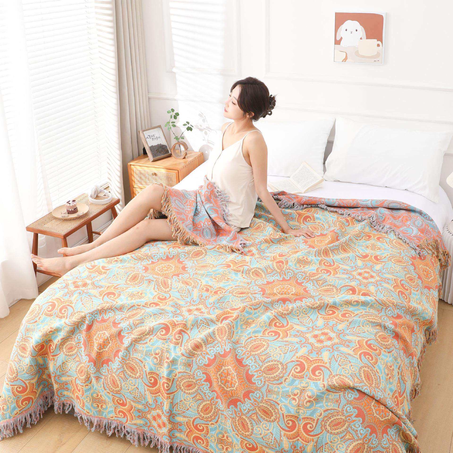 全棉流苏花边毛巾被纯棉夏季办公室午睡毯家用款沙发盖毯