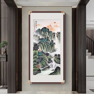 【热卖】新中式山水画玄关装饰画铜角旭日东升竖版聚宝盆入户走廊