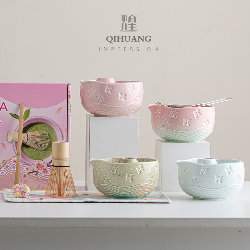 跨境专供NEW Macha whisk set陶瓷浮雕抹茶碗抹茶套装抹茶碗饮品