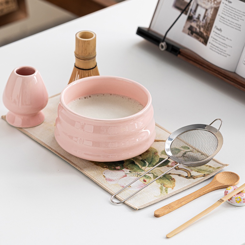 高颜值圆形樱花粉日式抹茶碗套装宋代点茶工具茶筅百本立茶刷茶洗