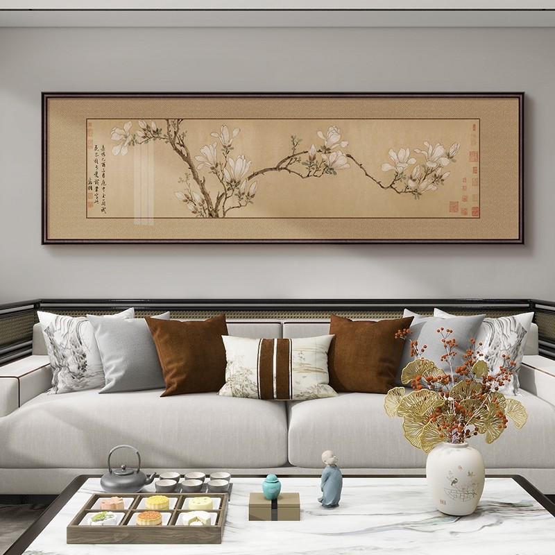高端玉兰图客厅背景墙装饰画新中式卧室床头挂画茶室花卉横版壁画图片