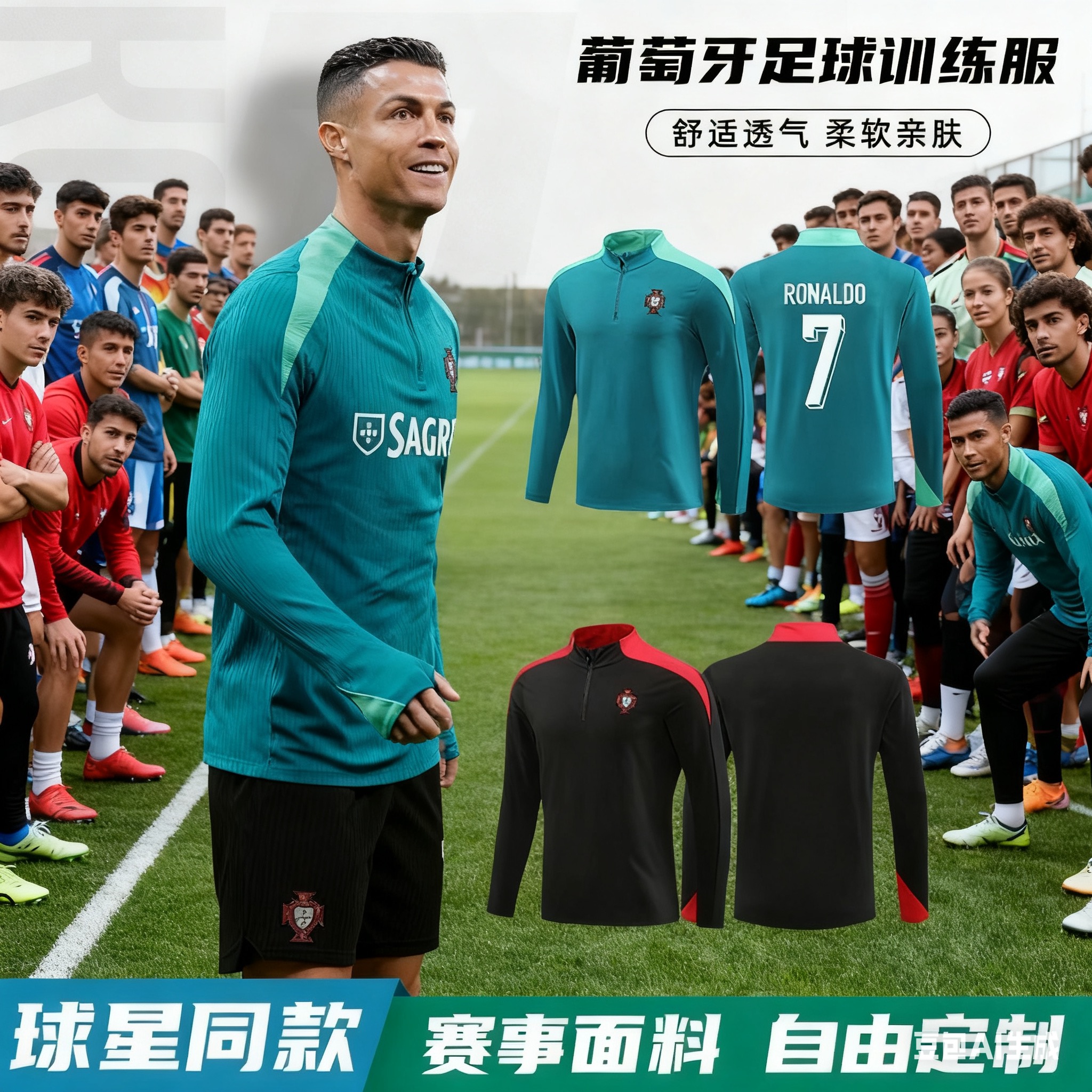 秋冬季足球训练服长袖套装男定制葡萄牙C罗球衣皇马外套出场服女